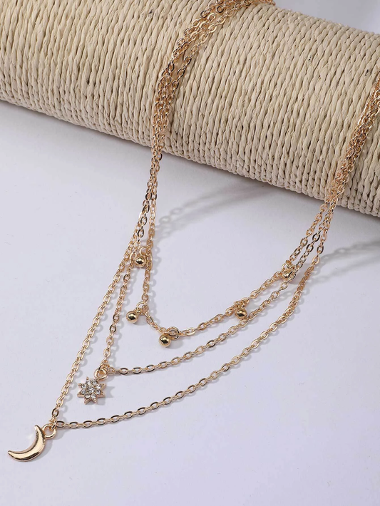 Gold Triple Layer Moon & Star Necklace
