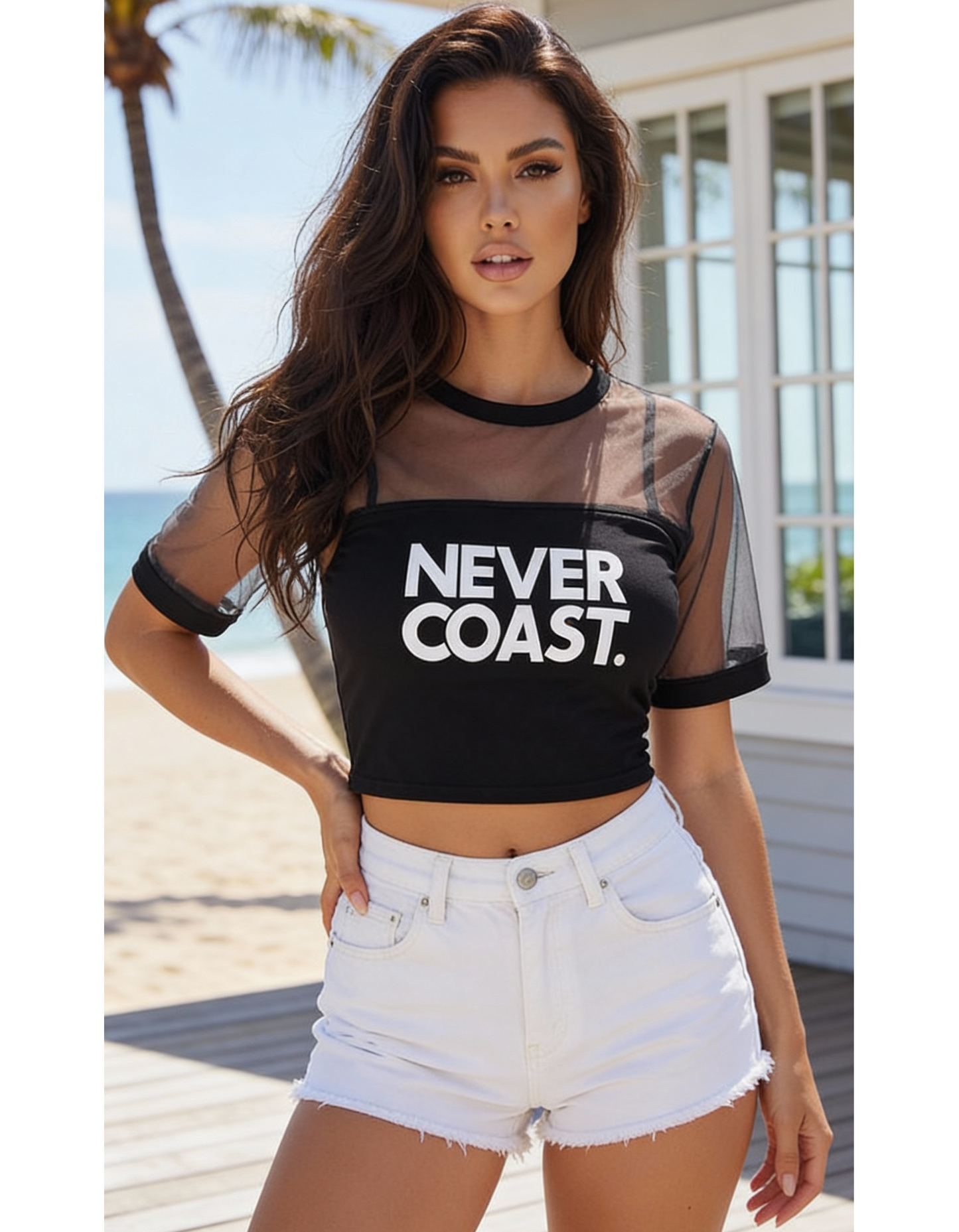 NEVER COAST Cropped Mesh Graphic Tee