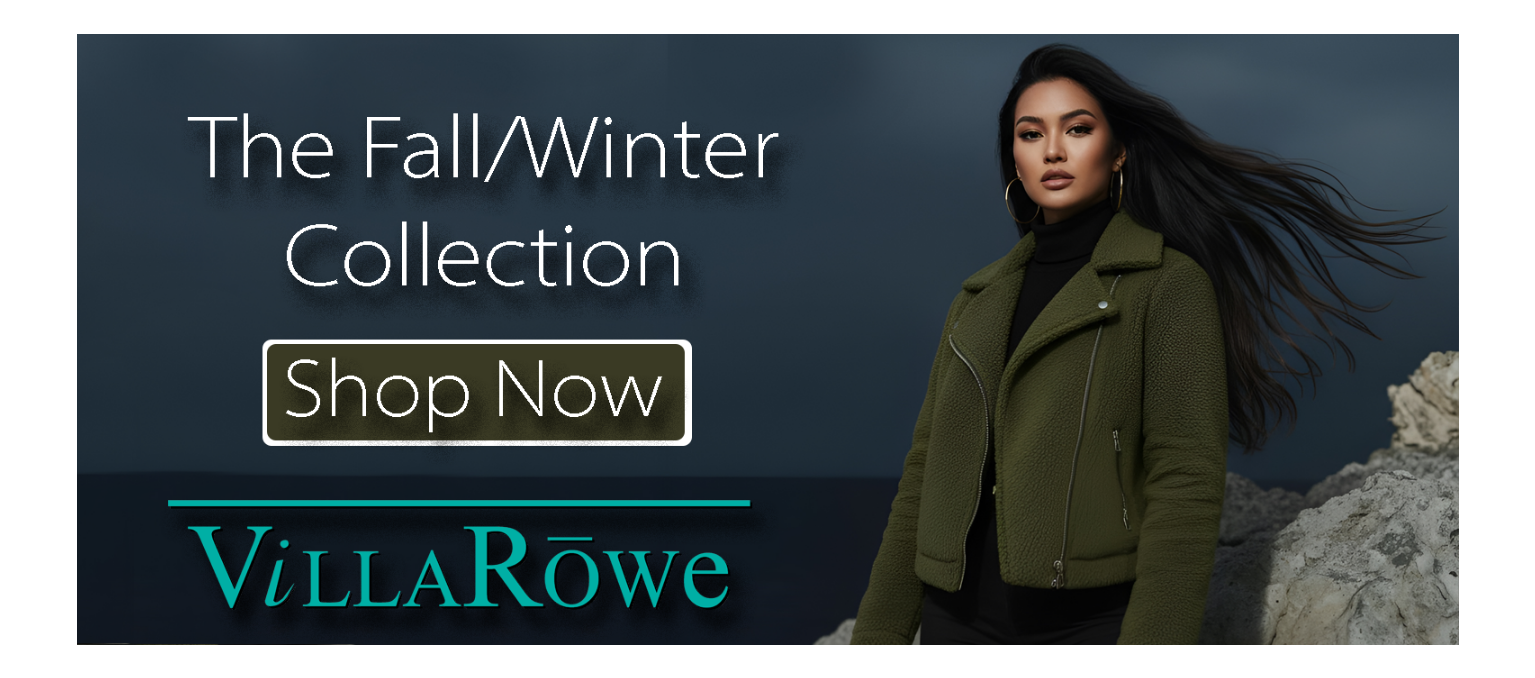 Promotional banner for VillaRowe Fall/Winter Collection with a woman in a green jacket against a dark background.